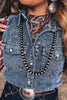 Ashleigh Blue Solid Denim Button Front Pocket Sleeveless Cowboy Vest