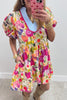 Rose Bright Floral Print Ricrac Trim Striped Patchwork V Neck Dress