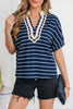 Blue Stripe Stand Collar V Neck Elastic Cuffs Half Sleeve Dolman Top