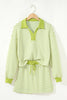 Green Stripe Collared V Neck Drop Shoulder Pullover and Skort 2pcs Outfit