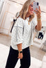 Gray Polka Dot Print Piping Trim 3/4 Sleeve Relaxed Top