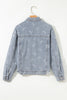 Sky Blue Bow Knot Print Light Wash Raw Hem Denim Jacket