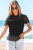 Black Bowknot Sheer Mesh Mock Neck Lettuce Trim Short Sleeve Top