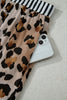 Khaki Plus Leopard Print Contrast Piping Striped Patchwork 2pcs Long Pajama Set