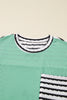 Sea Green Twisted Ribbed Contrast Round Neck Striped Patchwork Long Sleeve Top