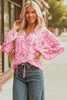 Pink Floral Puff Sleeve Split Neck Lightweight Blouse