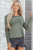 Sage Green Solid Color Waffle Ribbed Lace Patchwork Long Sleeve Top