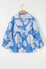 Sky Blue Floral Ricrac Trim Collared Puff Sleeve Loose Blouse