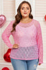 Pink Plus Size Bow Embroidered Mesh Long Sleeve Top