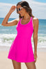 Rose Red Contrast Trim Neckline Active Shorts Attached One Piece Swim Dress