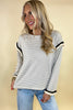 White Stripe Contrasted Ruffle Trim Loose Long Sleeve Top