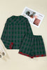 Green Plaid Contrast Patched Christmas Holiday Long Sleeve Shirt and Short 2pcs Pajama Set