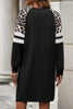 Black Leopard Print Patchwork Varsity Raglan Sleeve Sweatshirt Dress
