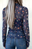 Blue Polka Dot Floral Mesh Long Sleeve High Neck Pullover Sheath Top
