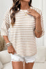Apricot Stripe Textured Knit Split Hem Half Sleeve Loose Top