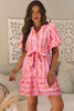 Pink Bowknot Striped Printed Bubble Sleeve Buttoned Belted Mini Dress