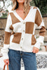 Khaki Checkered Pattern Ribbed Detail Button V Neck Sweater Cardigan