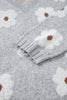 Gray Cute Flower Print V Neck Drop Shoulder Baggy Sweater