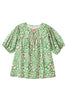 Green Plus Size Floral Tassel Tie Split Neck Puff Sleeve Blouse