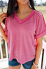 Rose Red Twisted Ribbed Knit V Neck Casual Tee