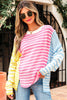 Multicolour Color Block Striped Patchwork Dolman Sleeve Slit Sweater