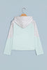 Clearly Aqua Textured Floral Patchwork Button Hooded Long Sleeve Top