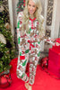 White Christmas Pattern Button V Neck Pullover Drawstring Pants 2pcs Lounge Set