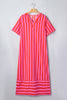 Red Stripe V Neck Cuffed Sleeve Relaxed Split Midi Dress
