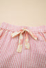 Light Pink Floral Trim Ribbon Knot Striped Casual Shorts