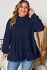 Navy Blue Tiered Ruffle Ribbed Crew Neck Pullover Plus Size Top