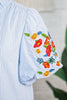 Sky Blue Stripe Floral Embroidered Puff Sleeve Ruffle Trim Shirt