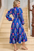 Blue Floral Print Striped Trim Split Neck Long Sleeve Ruffle Hem Midi Dress