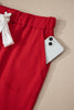 Fiery Red Contrast Trim Button V Neck Ribbon Bow Knot Waist 2pcs Lounge Pant Set