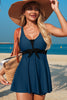 Rose Red Color Block Patchwork Bow Knot Detail Sleeveless Swim Dress