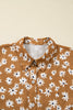 Khaki Plus Size Daisy Floral Print Button Split Neck Puff Sleeve Dress