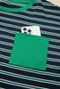 Green Stripe Ribbed Color Block Patchwork Crew Neck Patch Pocket Long Sleeve Top