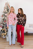 Pink Abstract Santa Print Stand Neck Sheath Long Sleeve Top