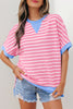 Pink Stripe Contrast Trim Loose Short Sleeve Top