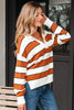 Brown Stripe Ribbed Polo Collar Drop Shoulder Sweater
