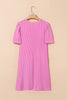 Bright Pink Corded Knit Crew Neck Puff Sleeve Shift Mini Dress