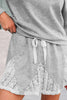 Light Grey Lace Patchwork Drop Shoulder Pullover Drawstring Skort 2pcs Outfit