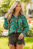 Green Leaves Print Contrast Trim V Neck Shirred Puff Sleeve Blouse