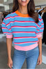 Green Stripe Colorblock Trim Half Sleeve Sweater Top