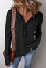 Black Acid Wash Waffle Knit Buttoned Neckline Long Sleeve Top