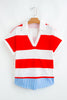 Red Stripe Collar V Neck Cuffed Dolman Short Sleeve Top