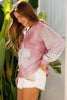 Pink Floral Patched Waffle Textured Colorblock V Neck Casual Hooded Top