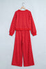 Brown Polka Dot Drawstring Wide Leg Long Sleeve Top Pant Set