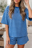 Blue Stripe Striped Ribbed Cotton Two-Piece Short Set with Chest Patch Detail