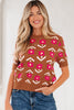 Brown Floral Short Puff Sleeve Sweater