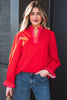Black Striped Trim Ruffle Split Neck Long Sleeve Blouse